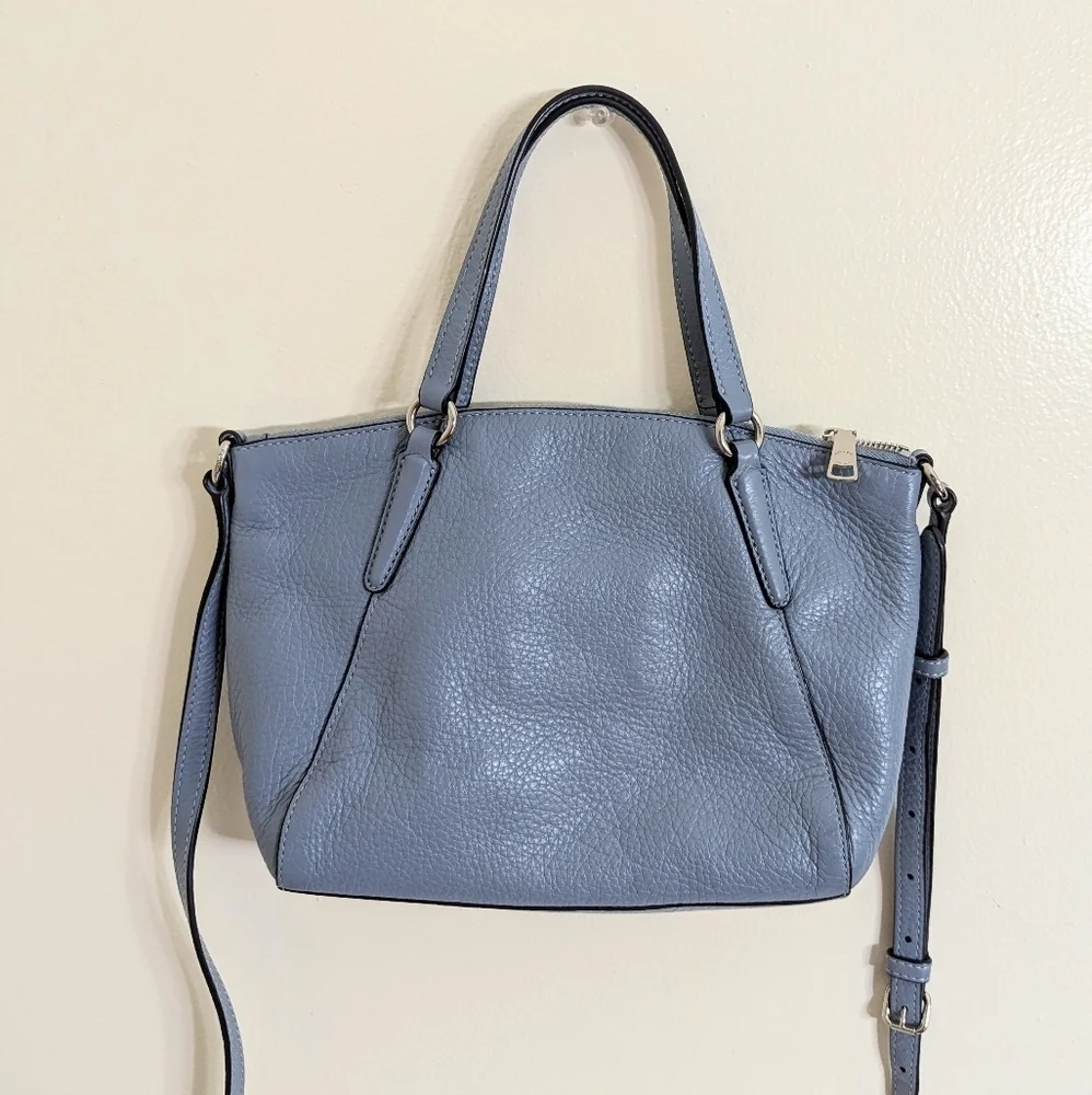 Coach Kelsey‎ Pebble Leather Small Satchel Blue 10 1/2 (L) x 7 (H) x 2 1/2 (W)